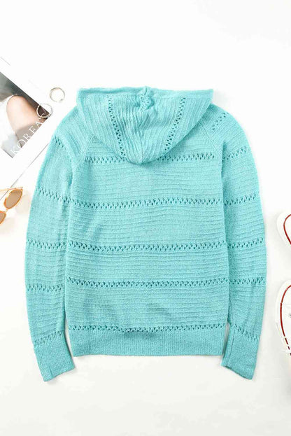 Zip Up Raglan Sleeve Openwork Hooded Cardigan