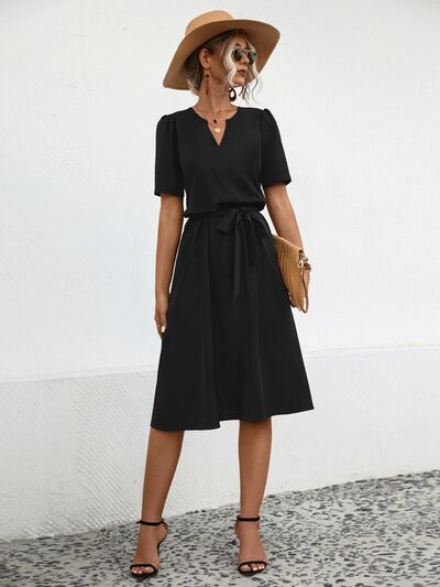 Tied Notched Short Sleeve Casual Dress