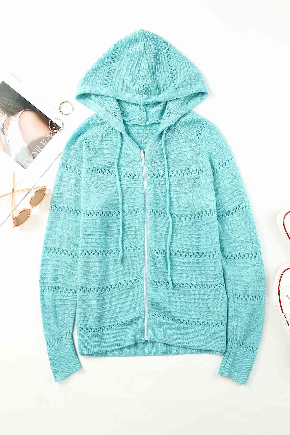 Zip Up Raglan Sleeve Openwork Hooded Cardigan