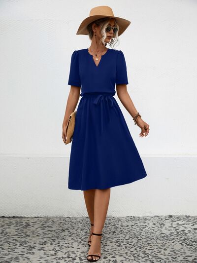 Tied Notched Short Sleeve Casual Dress