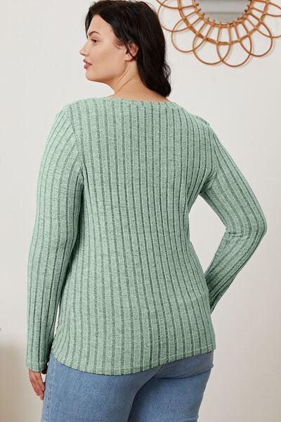 Basic Bae Full Size Ribbed V Neck Long Sleeve Tee Shirt