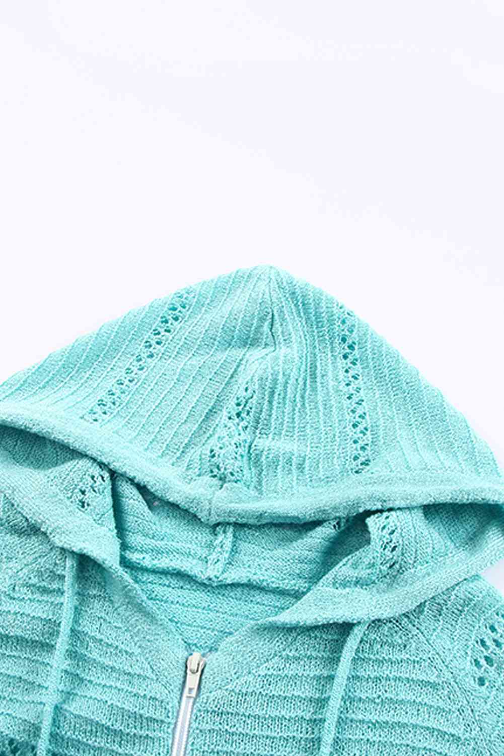 Zip Up Raglan Sleeve Openwork Hooded Cardigan