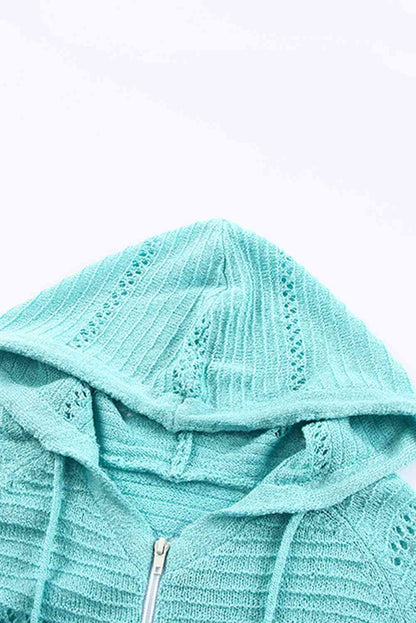 Zip Up Raglan Sleeve Openwork Hooded Cardigan