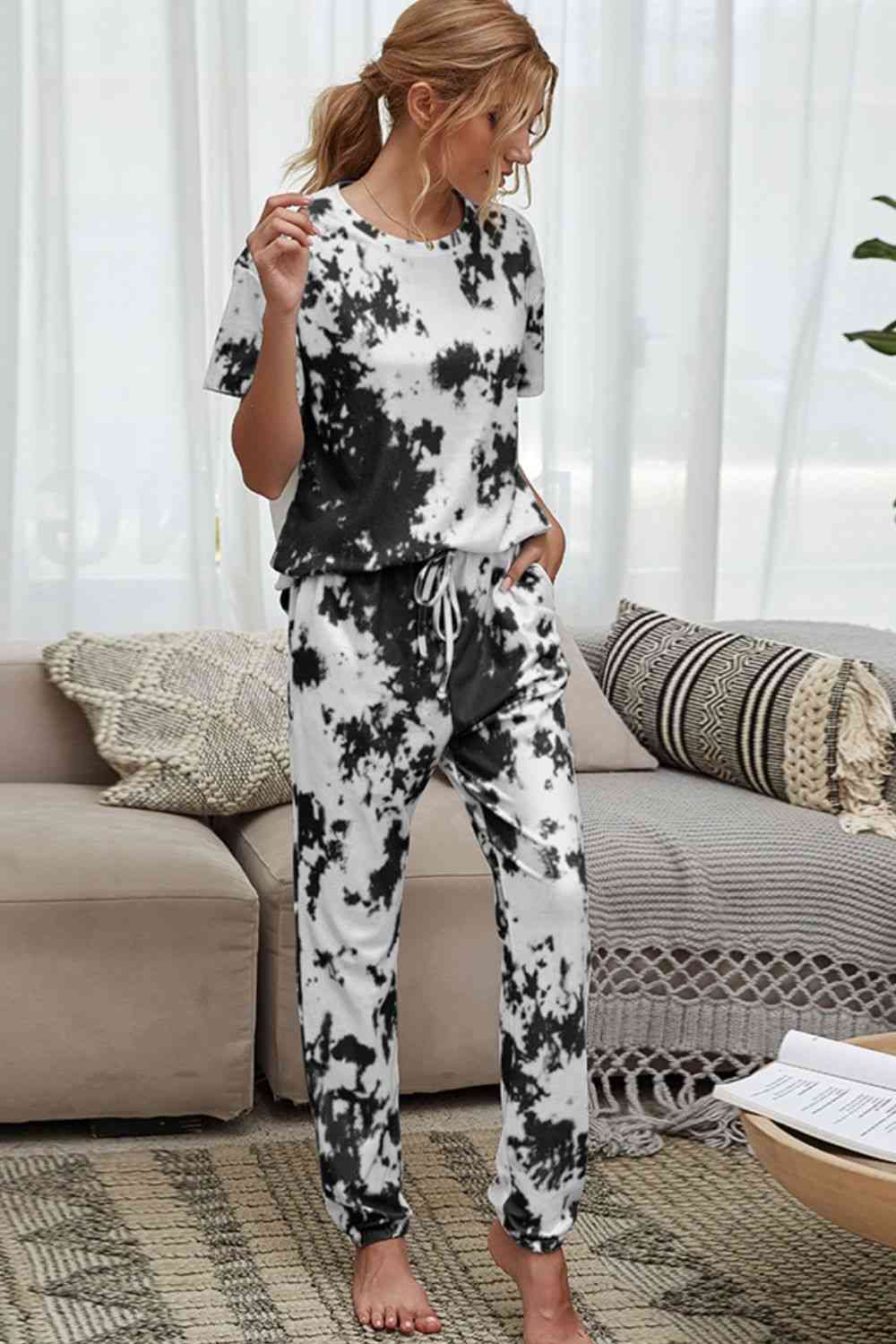 Tie Dye Tee and Drawstring Waist Joggers Lounge Set