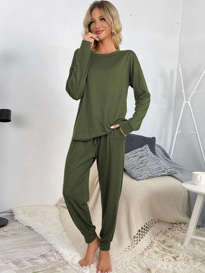 Drawstring Pants and Round Neck Top Lounge Set