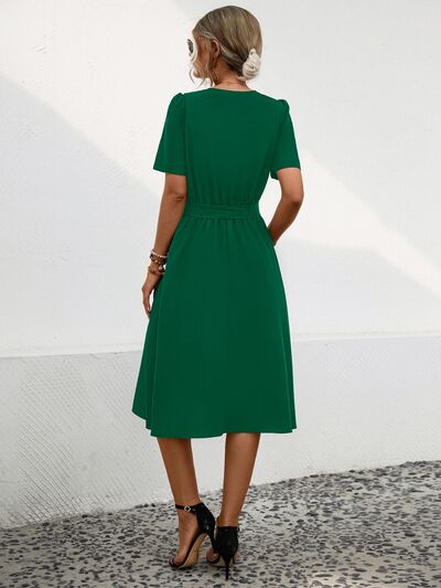 Tied Notched Short Sleeve Casual Dress