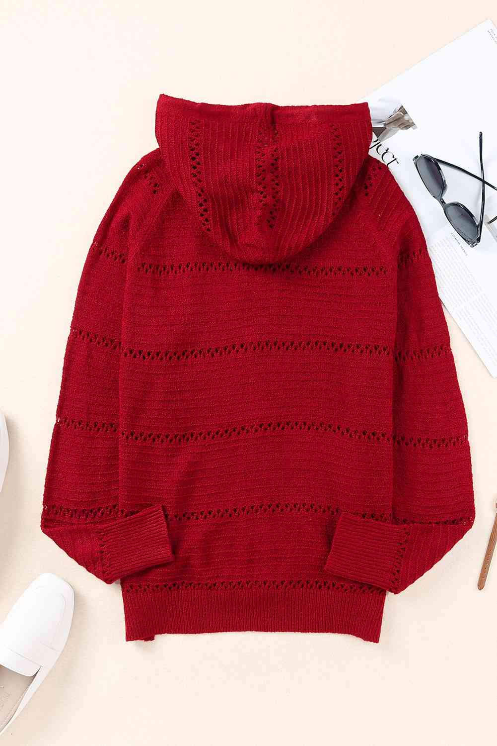 Zip Up Raglan Sleeve Openwork Hooded Cardigan