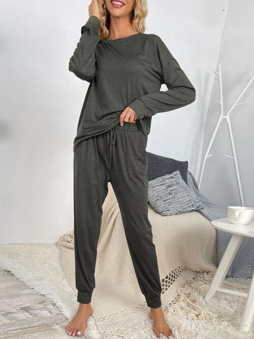Drawstring Pants and Round Neck Top Lounge Set