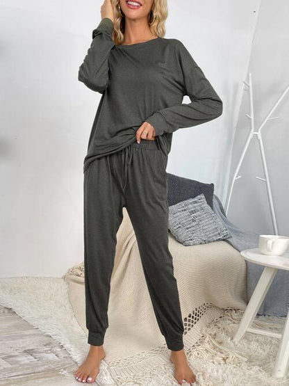 Drawstring Pants and Round Neck Top Lounge Set