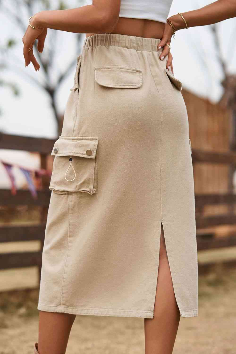 Drawstring Waist Slit Midi Denim Skirt