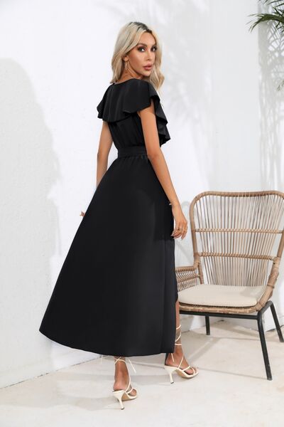 Ruffled Tied V Neck Midi Dress