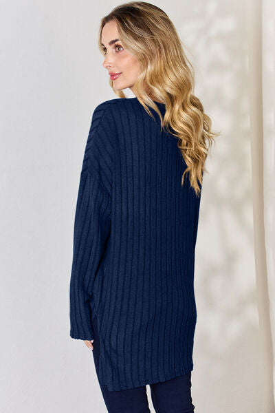 Full Size Ribbed Half Button Long Sleeve High Low T Shirt