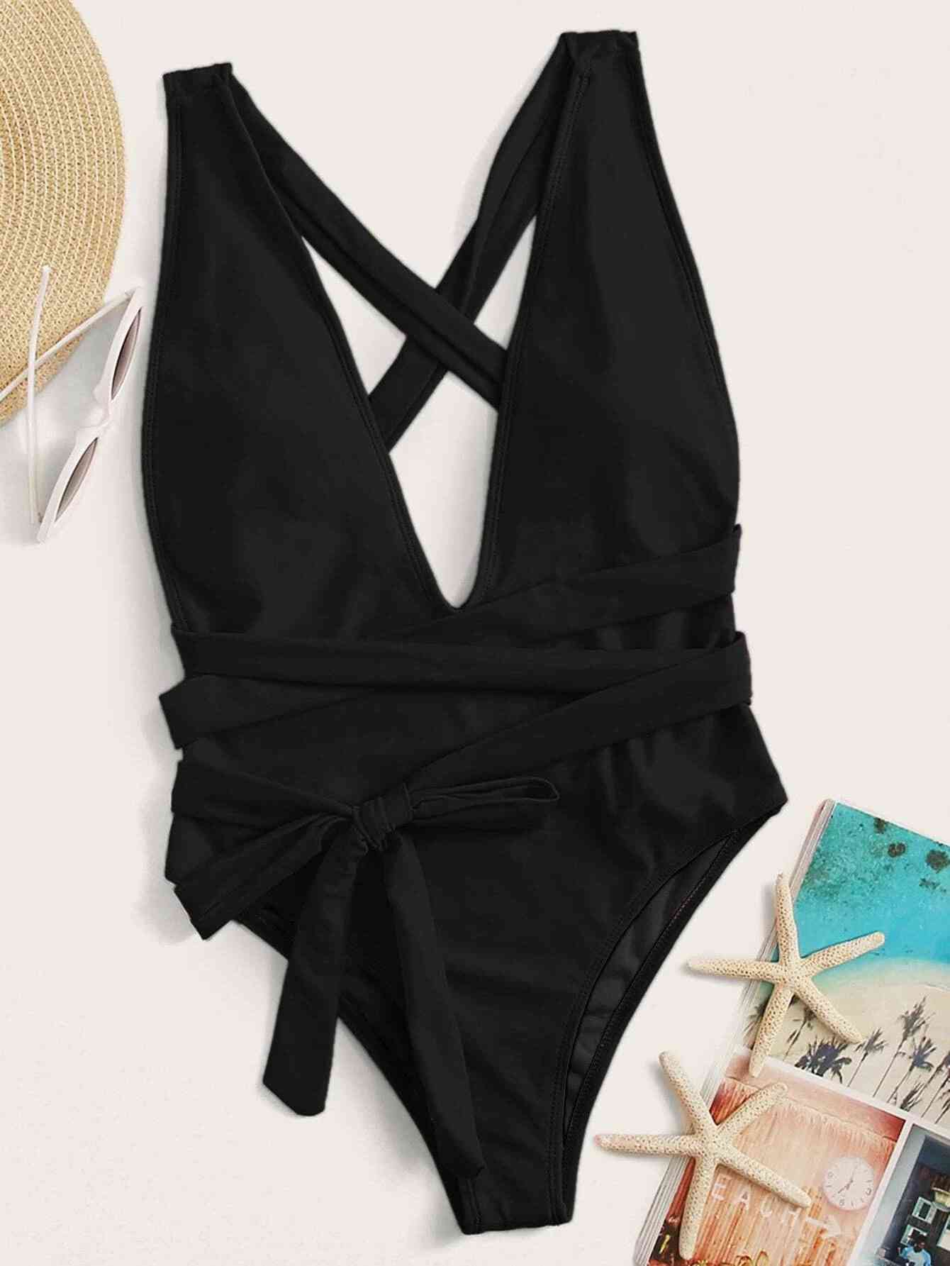 Halter Neck Deep V Tied One Piece Swimsuit