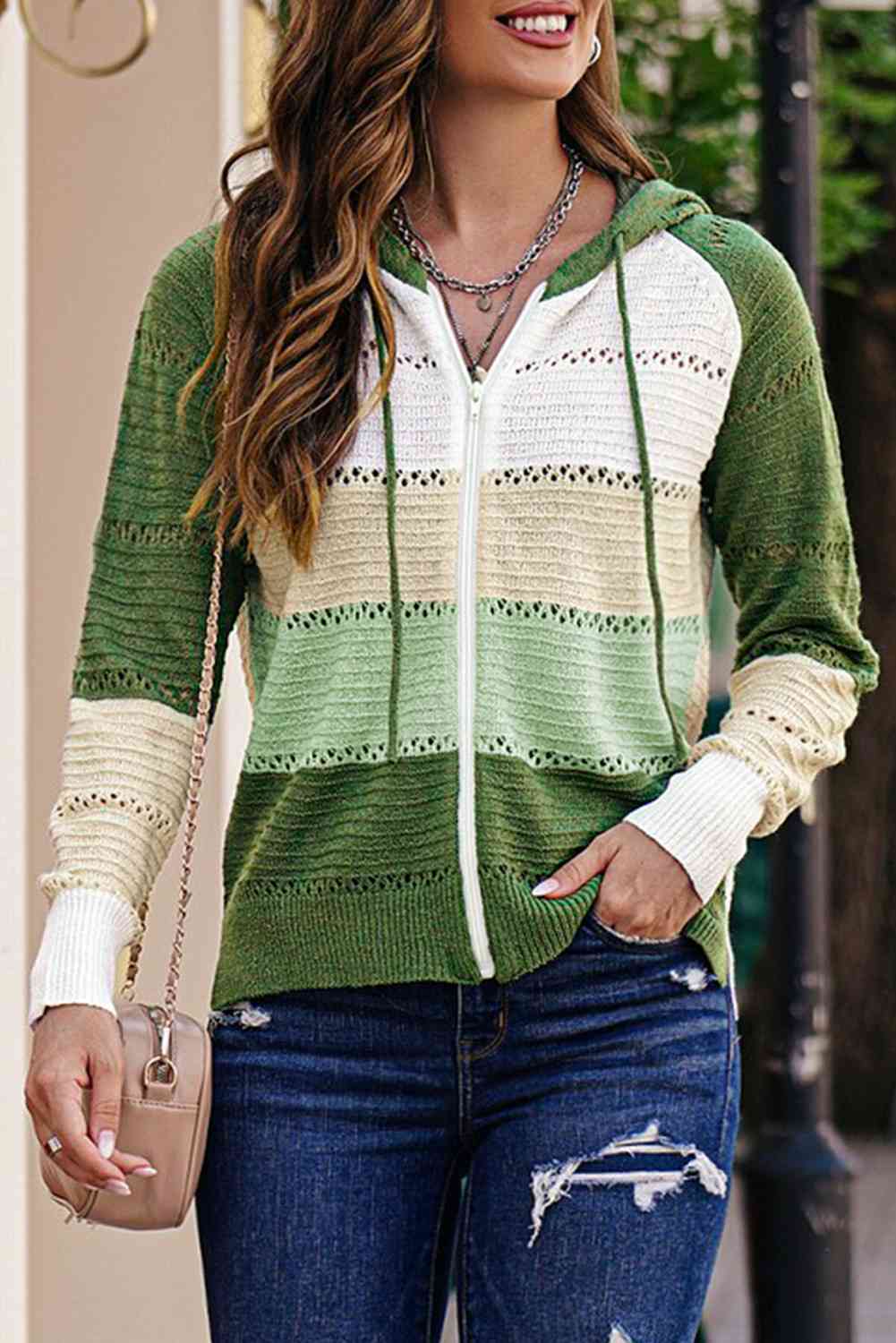 Zip Up Raglan Sleeve Openwork Hooded Cardigan