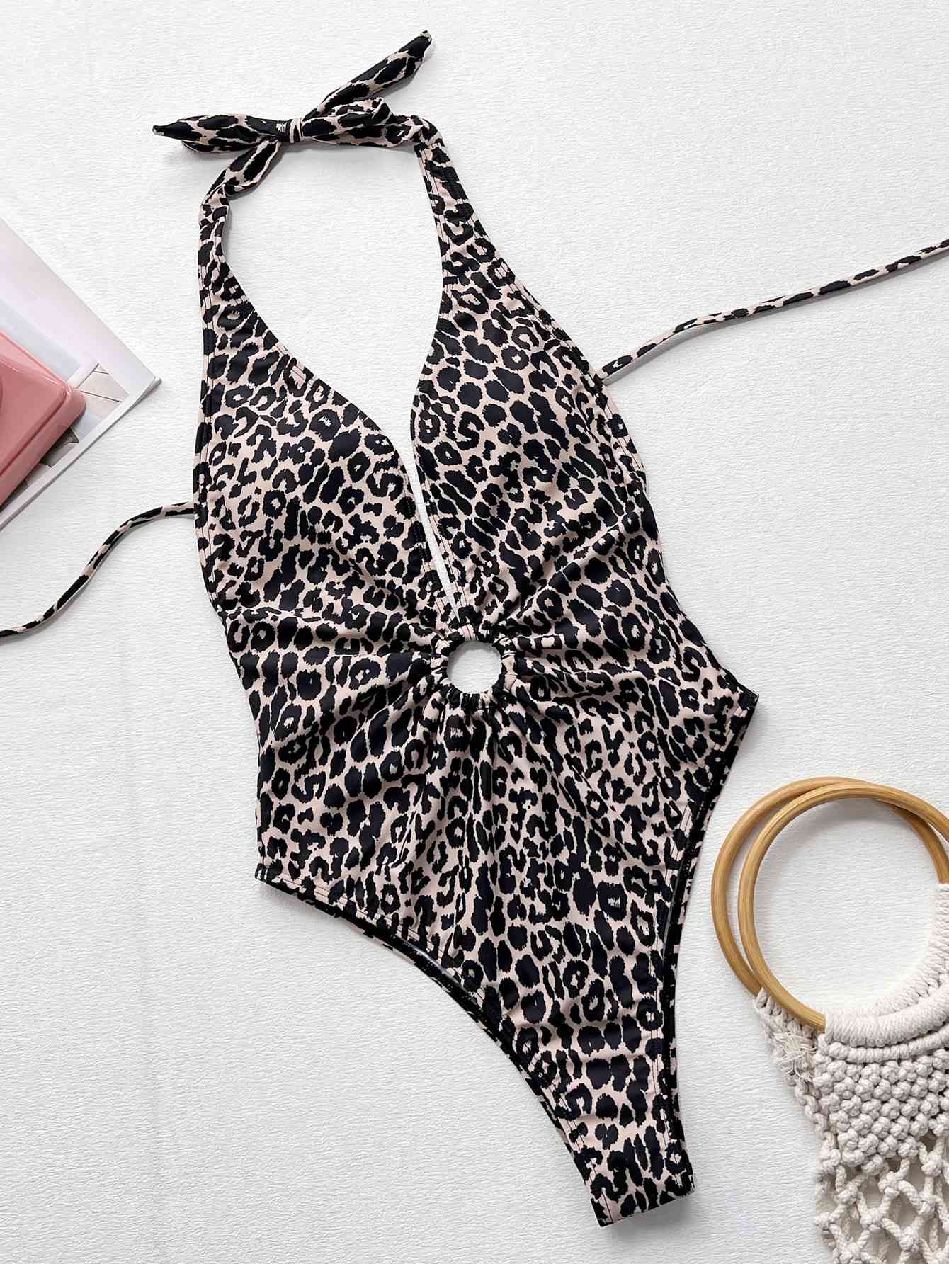 Leopard Halter Neck Ring Detail One Piece Swimsuit