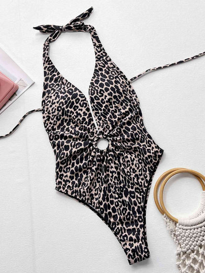 Leopard Halter Neck Ring Detail One Piece Swimsuit