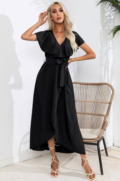 Ruffled Tied V Neck Midi Dress