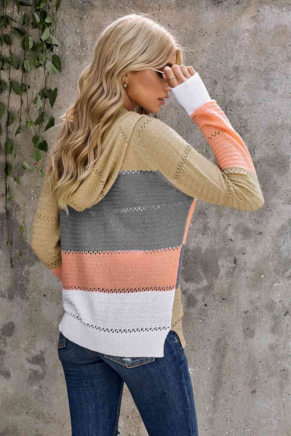 Zip Up Raglan Sleeve Openwork Hooded Cardigan