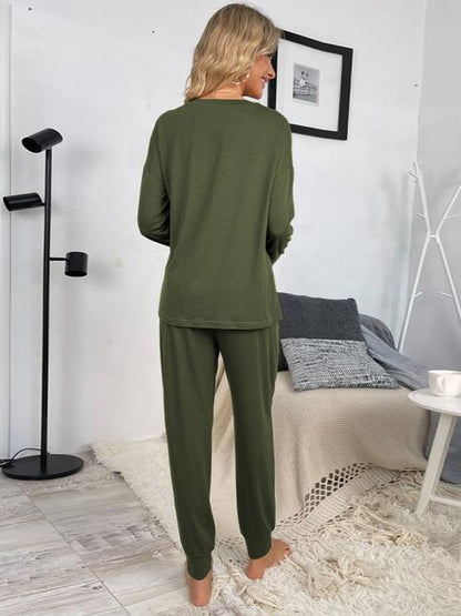 Drawstring Pants and Round Neck Top Lounge Set