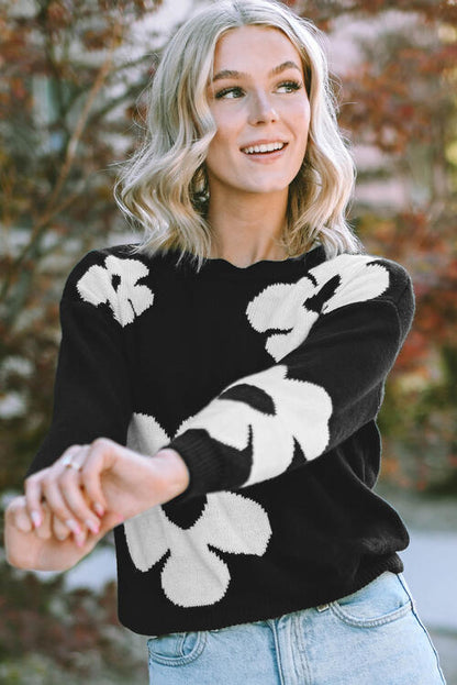 Round Neck Floral Pattern Color Contrast Long Sleeve Sweater