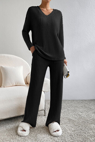 Ribbed V Neck Top and Pants Lounge Set