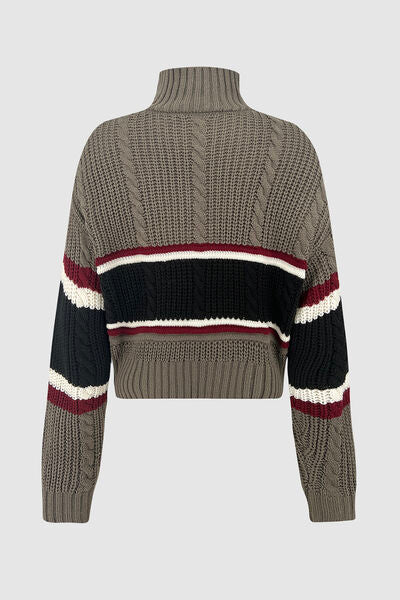 Cable-Knit Striped Dropped Shoulder Pink Sweater
