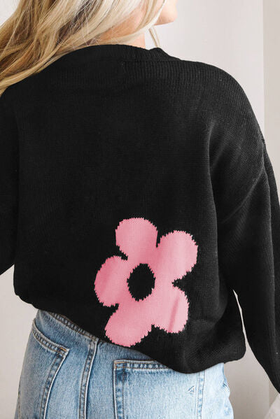 Round Neck Floral Pattern Color Contrast Long Sleeve Sweater