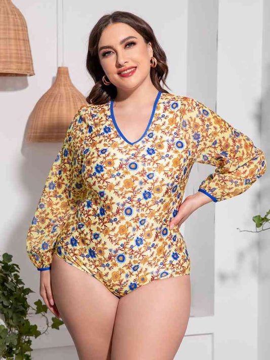 Plus Size Floral Open Back Long Sleeve One Piece Swimsuit