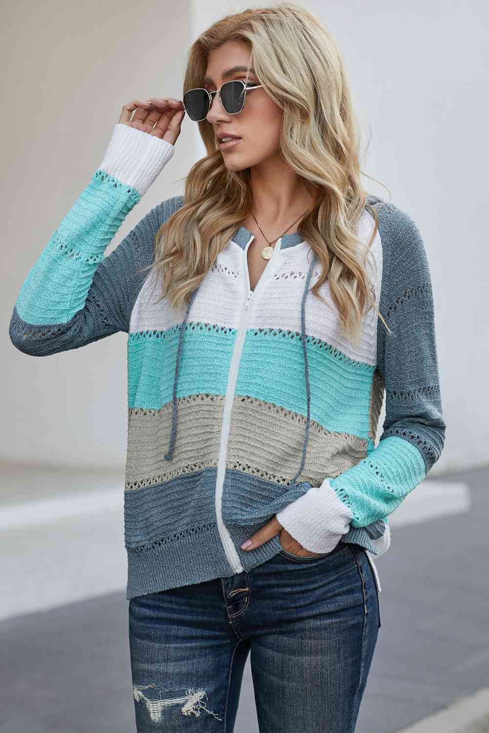 Zip Up Raglan Sleeve Openwork Hooded Cardigan