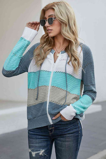 Zip Up Raglan Sleeve Openwork Hooded Cardigan