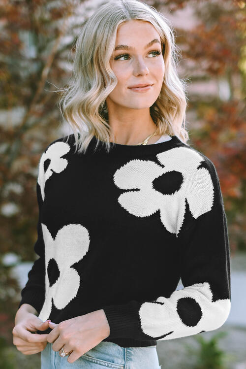 Round Neck Floral Pattern Color Contrast Long Sleeve Sweater