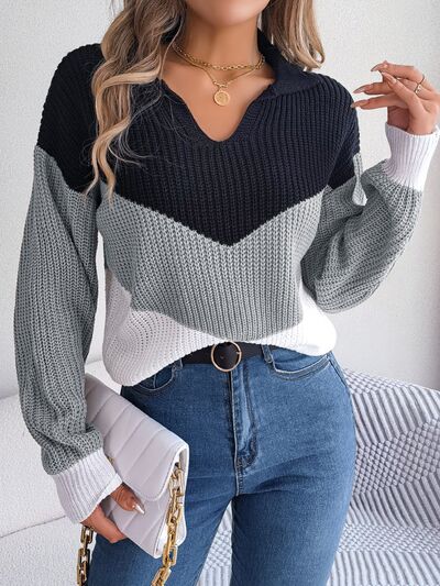 Color Block Dropped Shoulder Stretch Sweater
