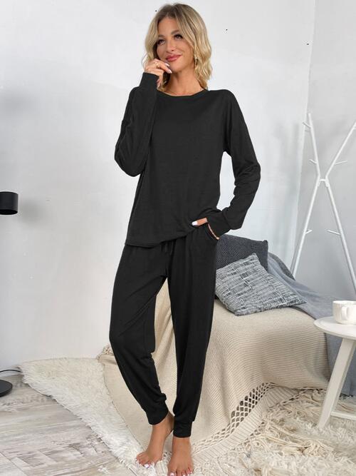 Drawstring Pants and Round Neck Top Lounge Set