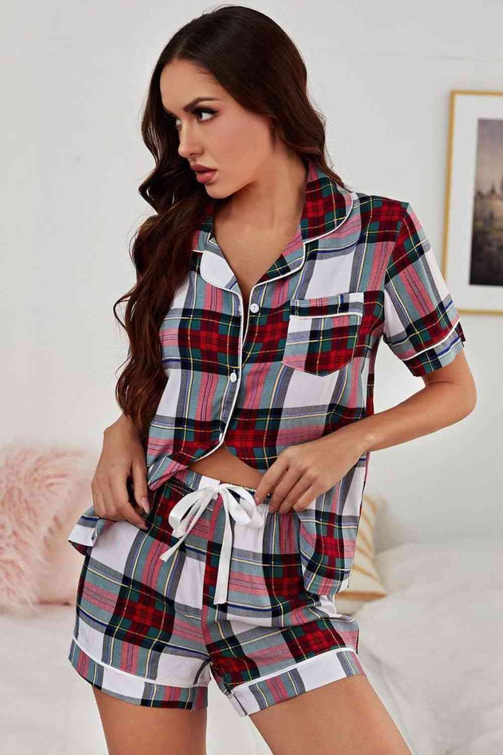 Collared Neck Short Sleeve Two Piece Lounge Set