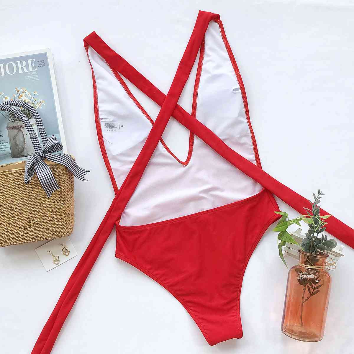 Halter Neck Deep V Tied One Piece Swimsuit