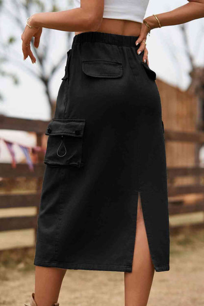 Drawstring Waist Slit Midi Denim Skirt