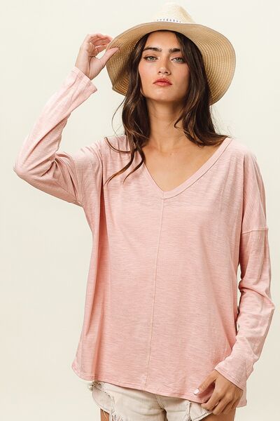 BiBi Exposed Seam V Neck Long Sleeve T Shirt