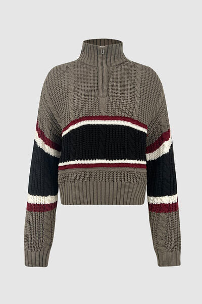 Cable-Knit Striped Dropped Shoulder Pink Sweater