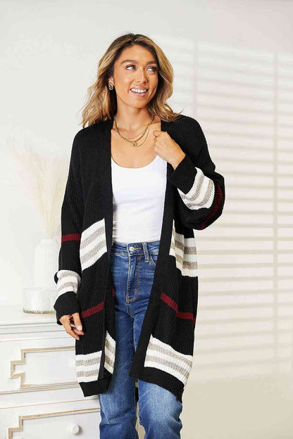 Double Take Striped Rib Knit Drop Shoulder Cardigan