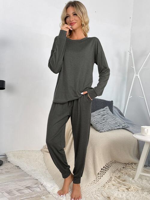 Drawstring Pants and Round Neck Top Lounge Set