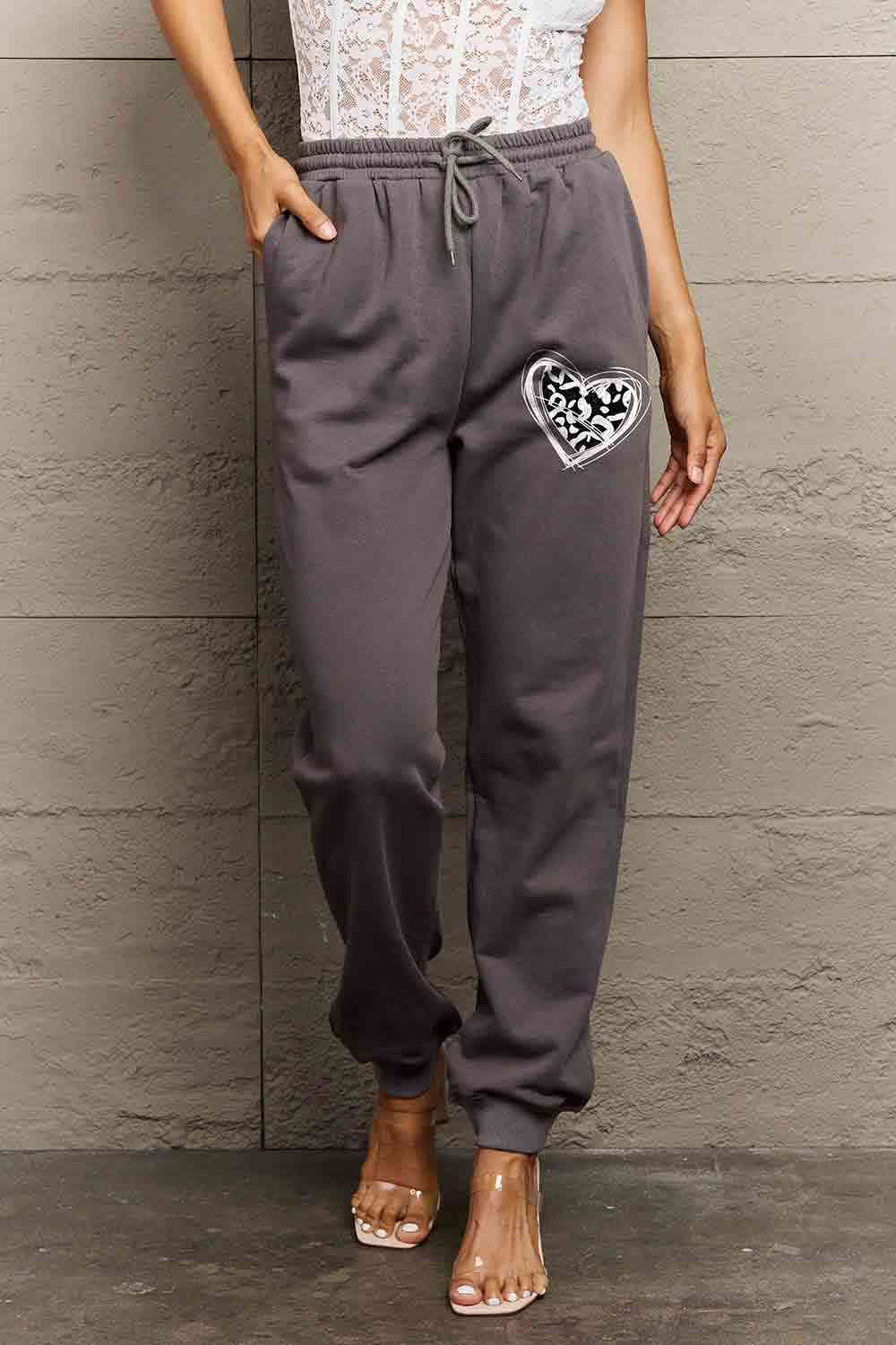 Full Size Drawstring Heart Graphic Long Sweatpants