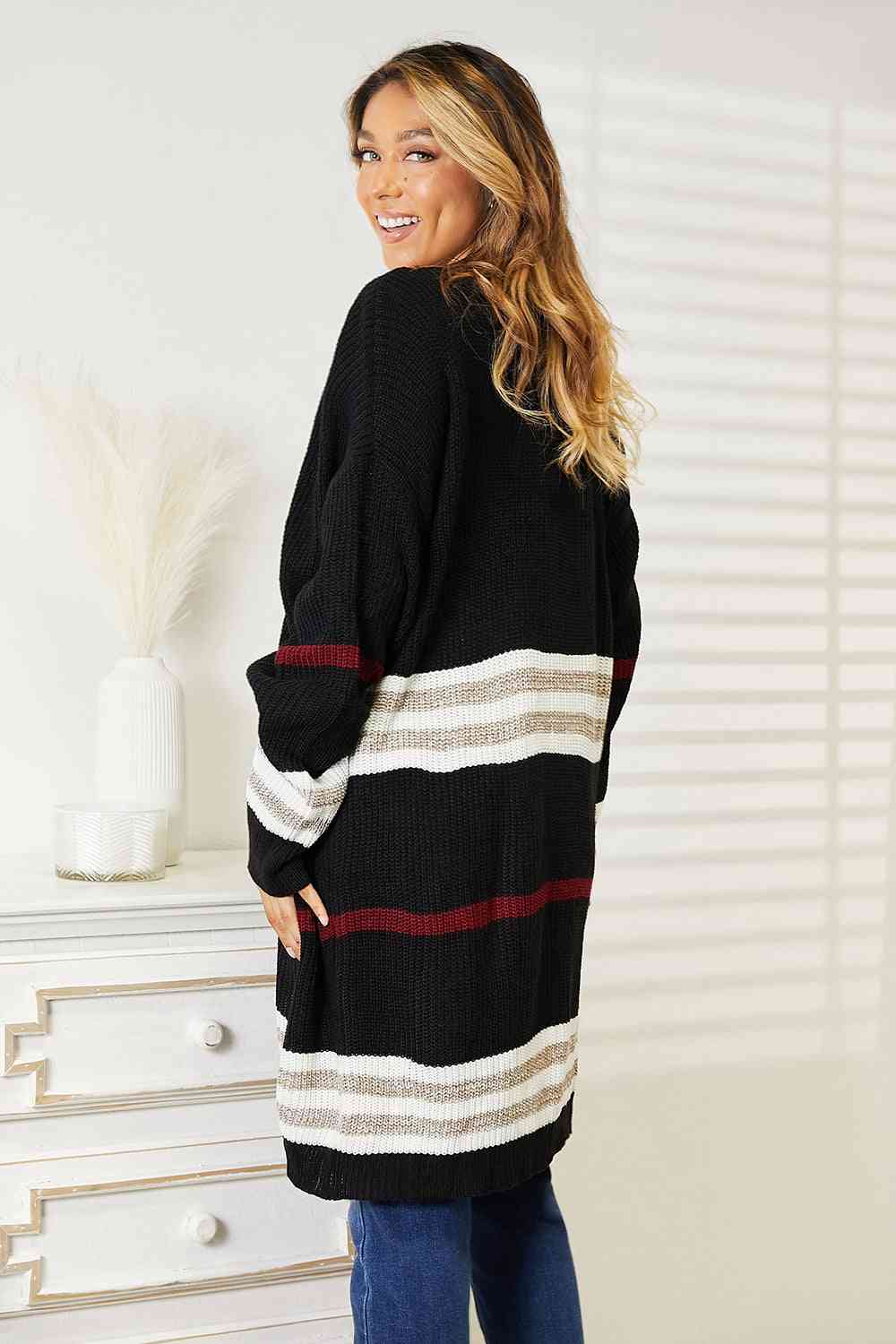 Double Take Striped Rib Knit Drop Shoulder Cardigan