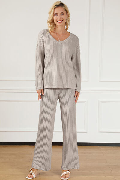 Ribbed V Neck Top and Pants Lounge Set