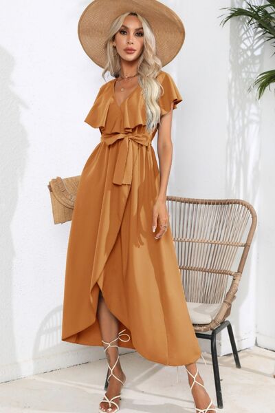 Ruffled Tied V Neck Midi Dress