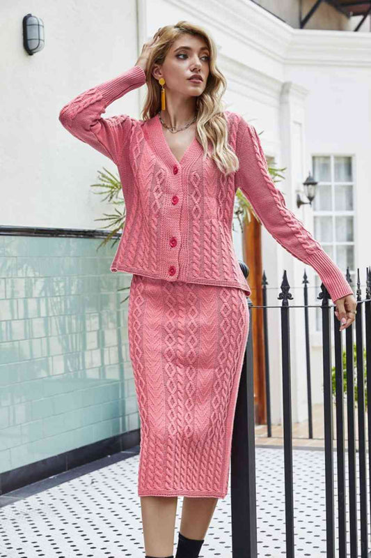 Mixed Knit V Neck Cardigan and Knit Skirt Set