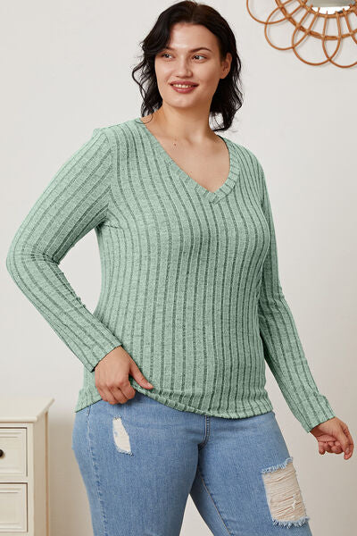 Basic Bae Full Size Ribbed V Neck Long Sleeve Tee Shirt