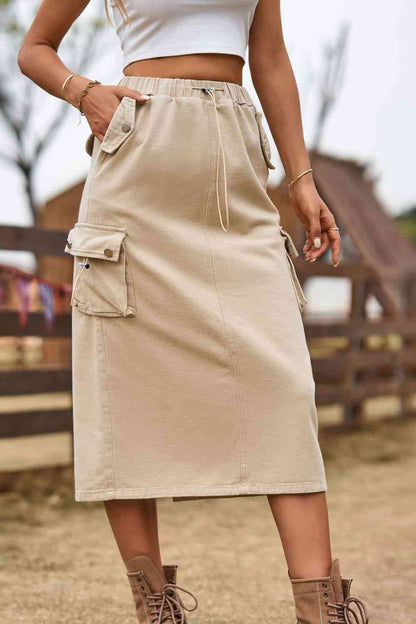 Drawstring Waist Slit Midi Denim Skirt