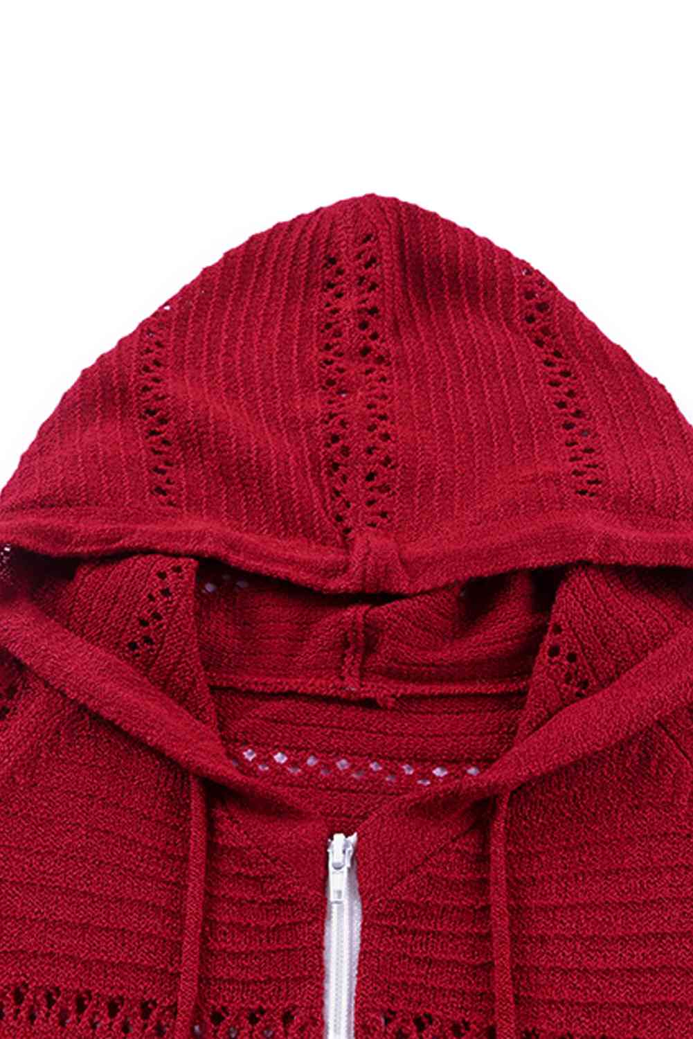 Zip Up Raglan Sleeve Openwork Hooded Cardigan