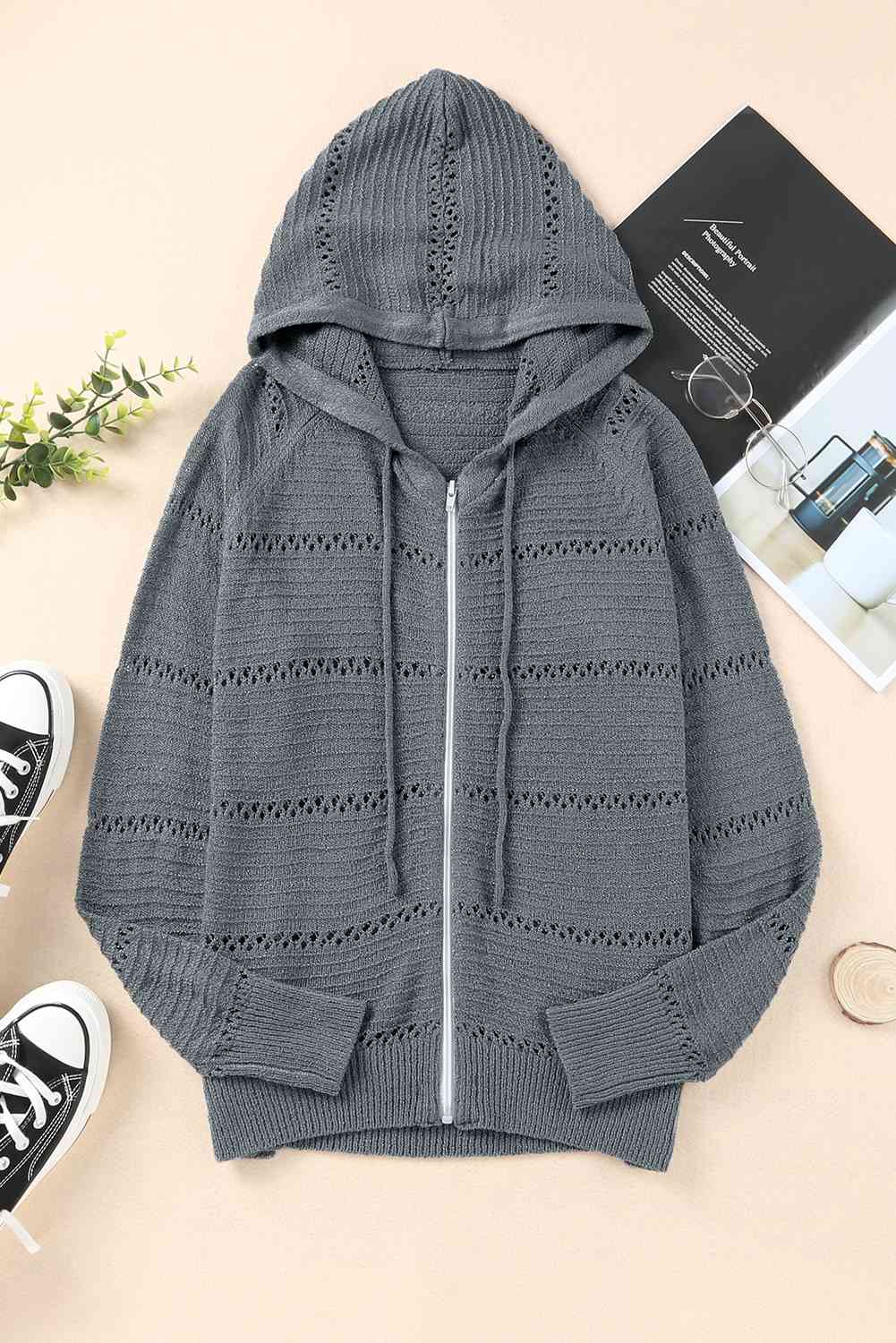 Zip Up Raglan Sleeve Openwork Hooded Cardigan