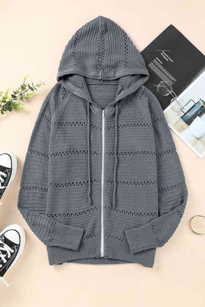 Zip Up Raglan Sleeve Openwork Hooded Cardigan